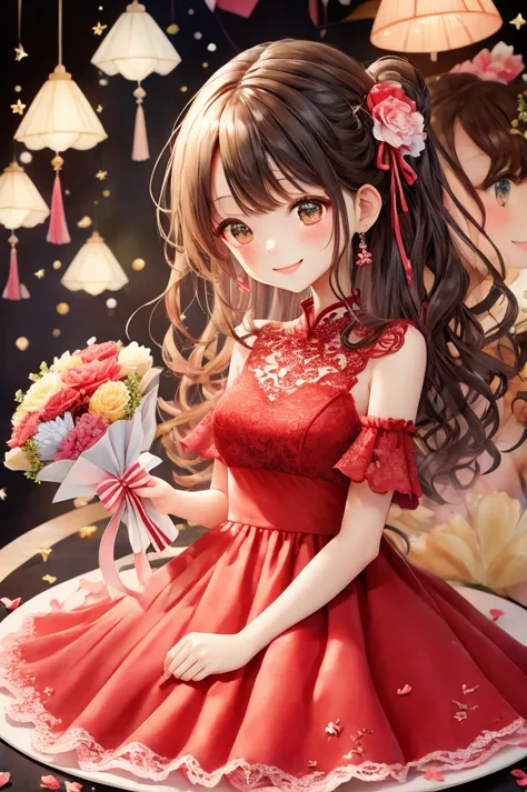 birthday party、colorful、soft color、 smile、 red lace dress 、birthday cake、bouquet of a lot of flowers