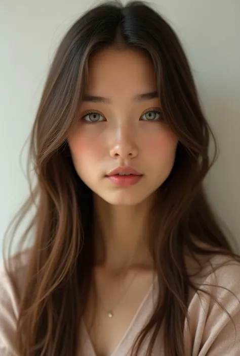 Create a brunette teenager with straight, long hair and light eyes from Instagram