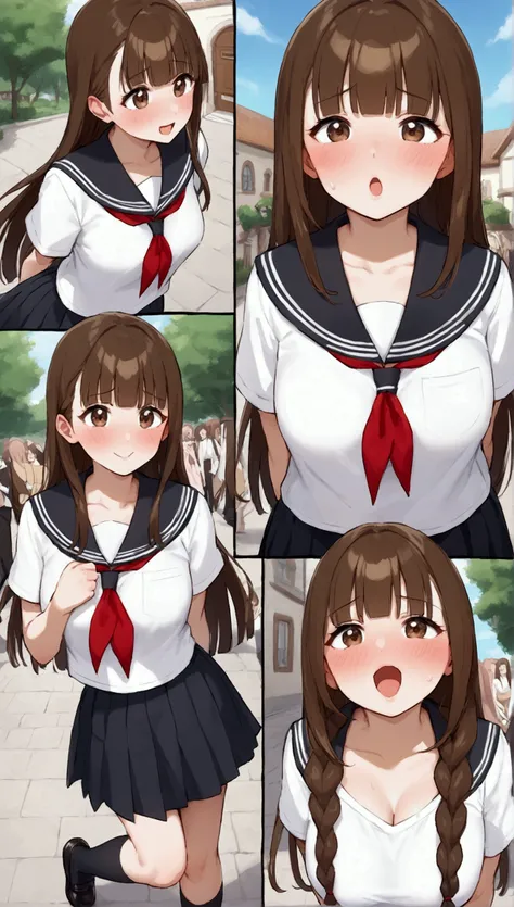 {Best Quality], [Very beautiful], [Ultra fine], [Best illustration],sauce_anime,stand,Brown Hair,hime cut,Long Hair,Braids,Excited face,Cutesy,High school girl,Black Sailor Suit,skirt,Beautiful breasts, black high socks , black loafers, slender, blushes,Wo...