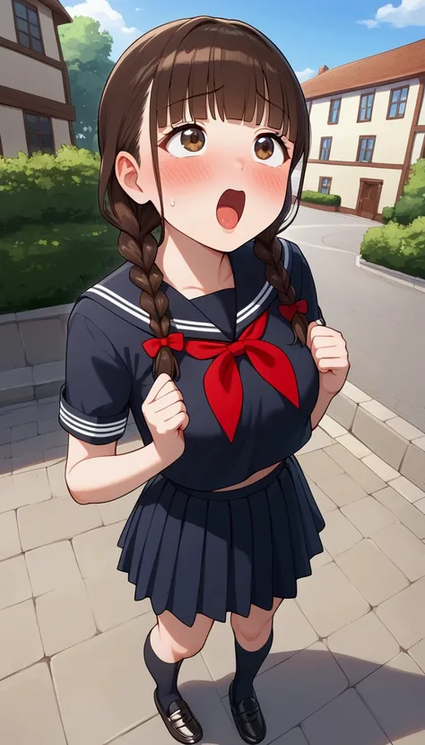 {Best Quality], [Very beautiful], [Ultra fine], [Best illustration],sauce_anime,stand,Brown Hair,hime cut,Long Hair,Braids,Excited face,Cutesy,High school girl,Black Sailor Suit,skirt,Beautiful breasts, black high socks , black loafers, slender, blushes,Wo...