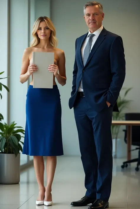 Casual, candid realistic photo of two people in an office. The layout is horizontal. The person on the left is a sexy 21yo woman with blonde hair wearing mid-length blue skirt, white heels, she is topless, she is covering her breasts with a folder, looking...