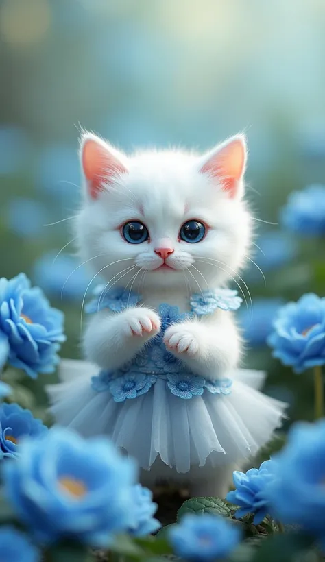  with a small white kitten standing facing forward、 Raised Front Legs 。
Cute with big eyes, Human-like facial expression。  with a head slightly larger than the body  。 short limbs 。 Im wearing a dress with lots of fluffy flowers、Shiny texture 。Blue Rose Ro...