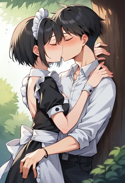  Shinkai Makoto , You are here., 1 woman, 1st son, bangs,  black hair, Blusher, ( boys clothing suspender ), (( girl wears a maid dress, short dress,  short skirt, maid hat), curtsey, ribbon,  short hair,  cute , love, Couple,  cute , Off shoulder, date, (...