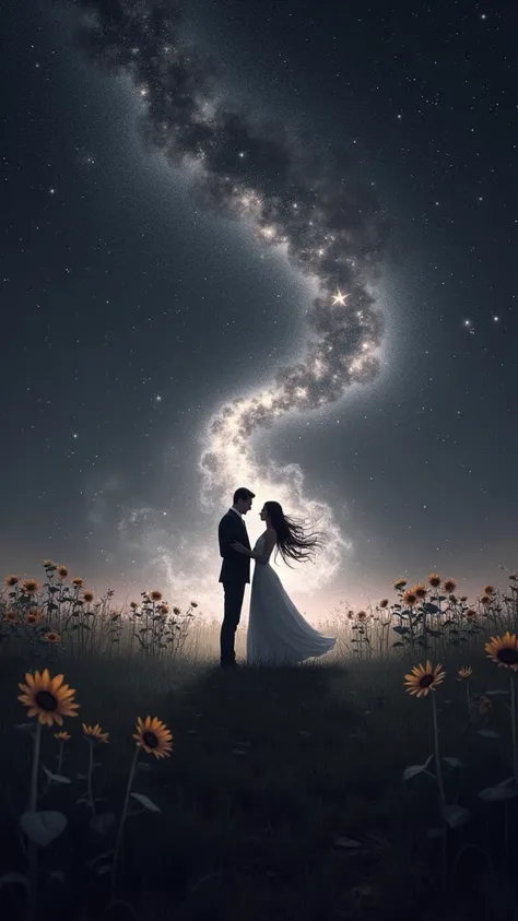 A starry night scene over an open, quiet field. The silhouettes of a man and a woman are gently dancing at the center, their forms embraced by a delicate swirl of transparent ashes, which drift around them in an ethereal motion. Sunflowers subtly appear in...