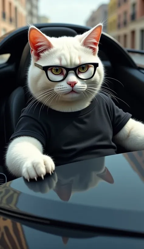 
**Prompt:**  "A muscular white cat wearing black glasses and a black T-shirt, drives a black Lamborghini with a confident smirk."

