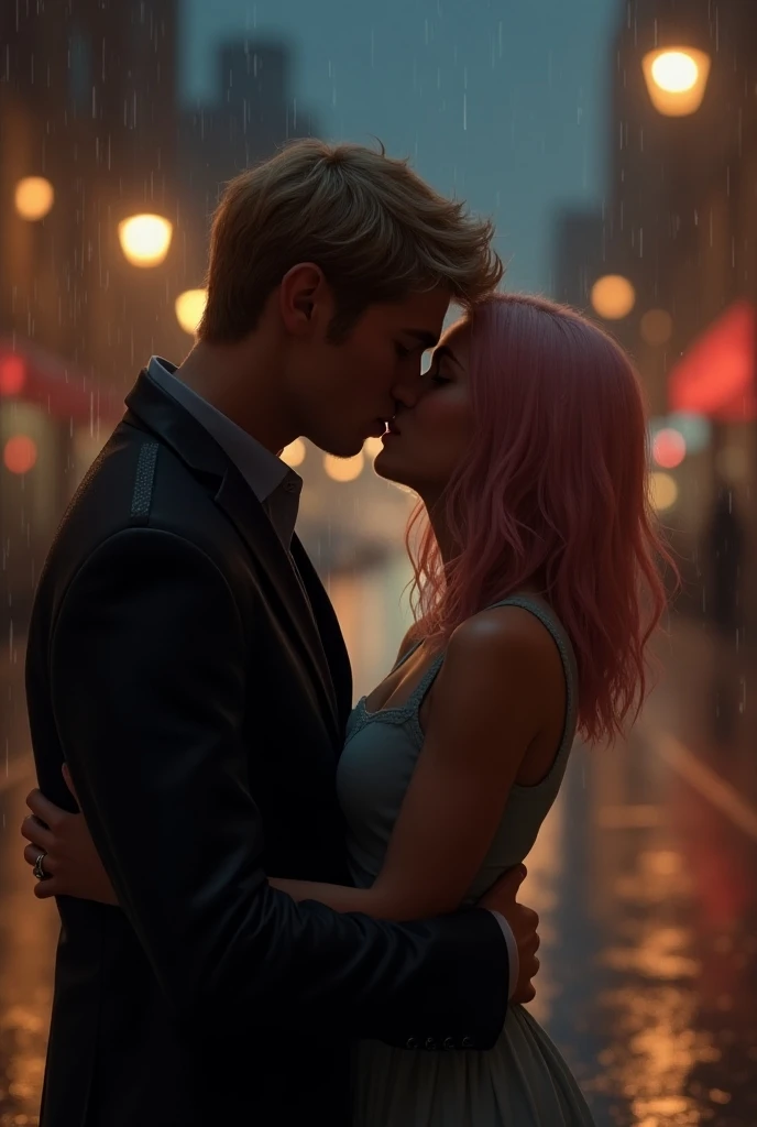 Tall blond boy clutching the waist of a girl with light pink hair giving a French kiss in the rain on a street with lamps lighting up