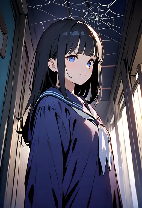 Top image quality，Top animation quality，((masterpiece))，HD，1080P，(low angle)，solo，upper body，(A girl，(close mouth)，light smile，extremely detailed neat hair，black hair，neat bangs)，loose sailor suit，hallway background，(many spider web at)，dark feeling，bleak，...