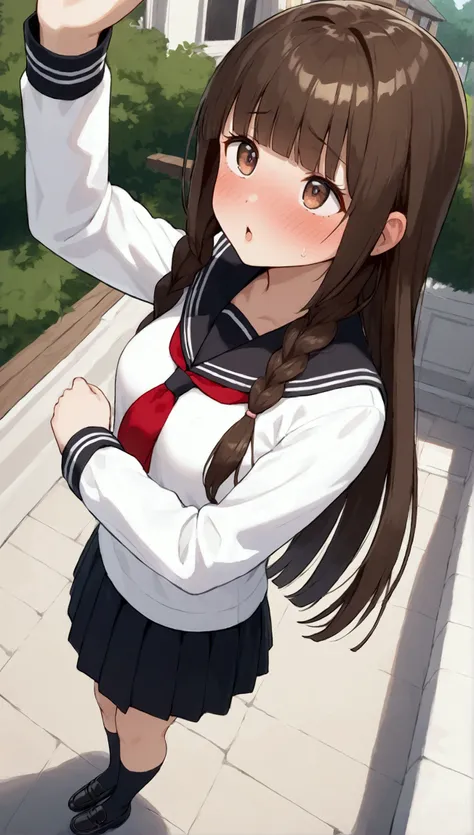 {Best Quality], [Very beautiful], [Ultra fine], [Best illustration],sauce_anime,stand,Brown Hair,hime cut,Long Hair,Braids,Excited face,Cutesy,High school girl,Black Sailor Suit,skirt,Beautiful breasts, black high socks , black loafers, slender, blushes,Wo...