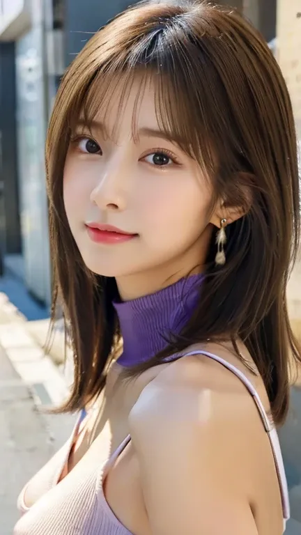  high quality、 high definition、masterpiece、  Japanese Women、23 years old、OL、 long brown hair looking happy:1.4、 cute face、Beautiful Skin、Detailed eyes、 Brown Eyes 、Thin lips、 glossy lips 、light makeup、 earrings for a woman alone、 stylish 、 I can clearly se...