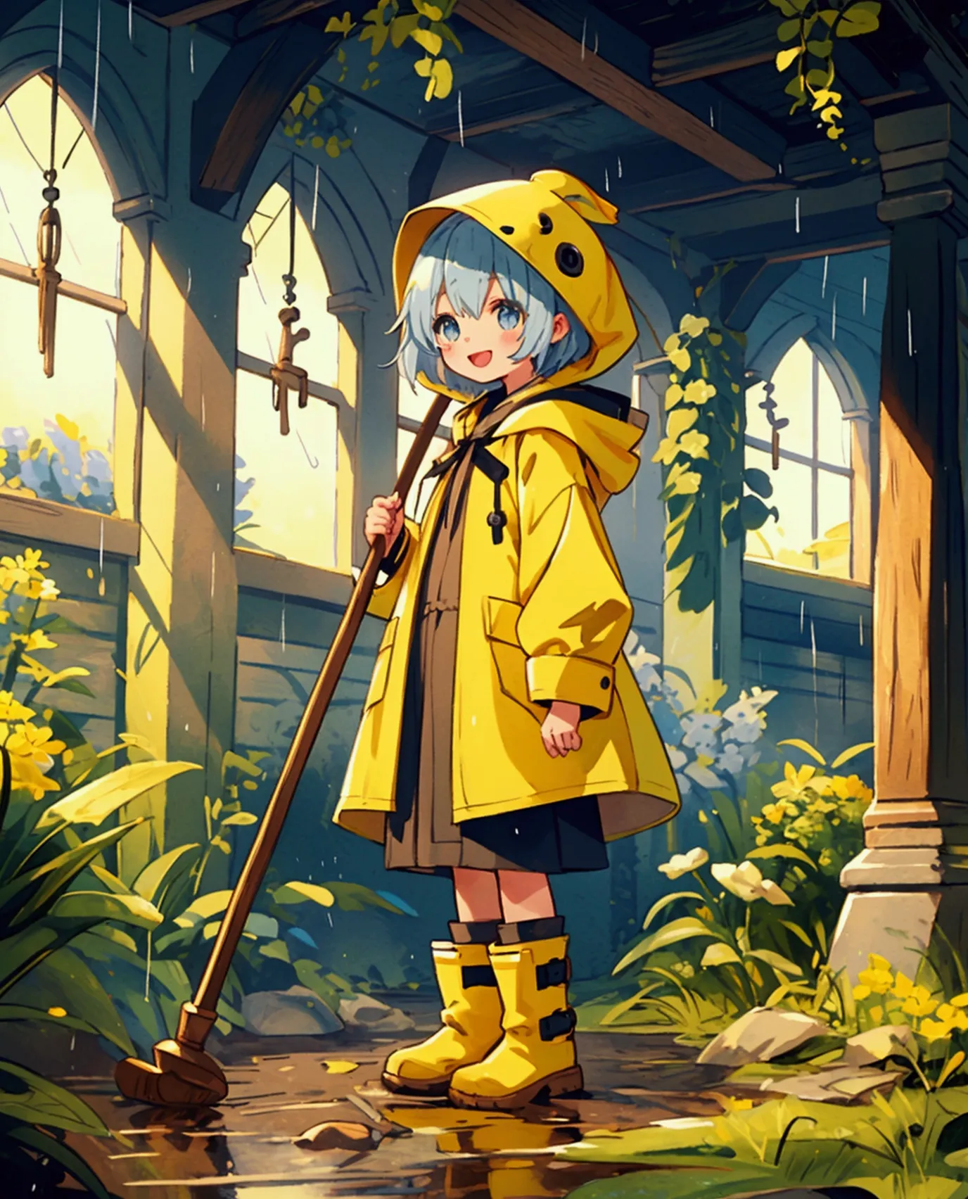 best quality、 1 girl、 wears a yellow raincoat with a hood、light blue hair、 short hair、shining eyes、open mouth smile、young、 littl...