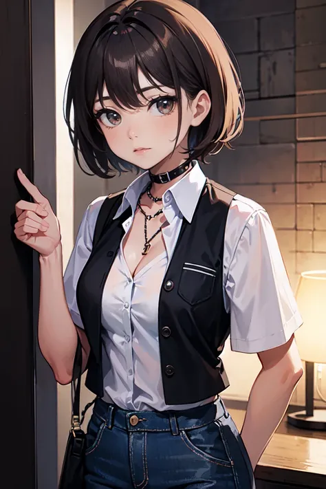 akira yoshii, short hair, brown hair, brown eyes, cleavage, choker, cross, shirt, collared shirt, vest, black vest, short sleeves, pants, denim, ((upperbody))