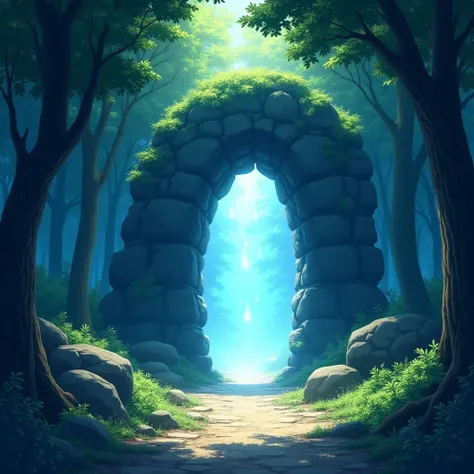  anime style, illustration, a rock arch in the middle of the forest, door made of magical energy, perfect illumination,