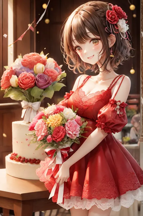 Birthday Party、colorful、Soft Color、Smiling woman with short hair、 red lace dress 、Birthday cake、Bouquet of a lot of flowers