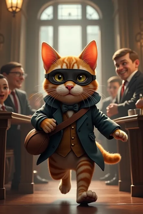 Write a prompt about a cat which is cute  but also hansome and a bit realistic cartonish. The cat is robing a bank . The cat should not be to cute and he is robing a bank in pic and also it is the olad time of bank and there is people and staff of bank sta...