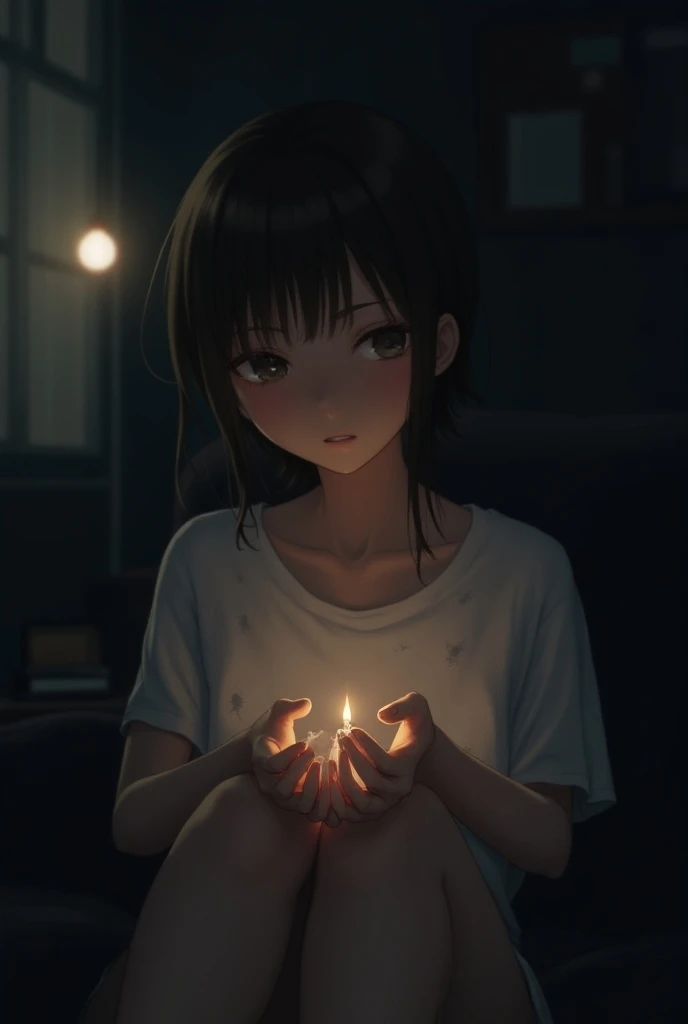 A sexy, pretty anime girl in dirty white t-shirt is sitting alone in her room, surrounded by shadows, staring intently at her hands, dim light bulb behind her