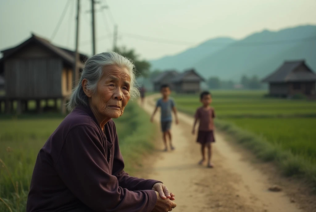 An elderly Thai woman with a sad and lonely expression, sitting by herself in a rural village in Thailand. The background depicts a realistic countryside setting with traditional wooden houses, open fields, and dirt paths. Soft, cinematic lighting captures...