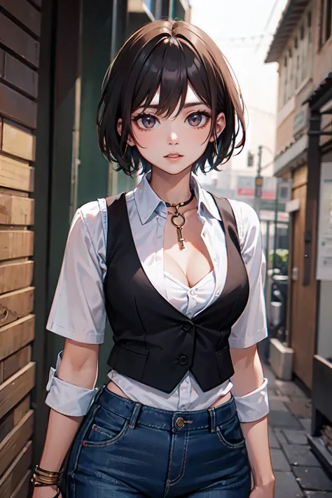 akira yoshii, short hair, brown hair, brown eyes, cleavage, choker, cross, shirt, collared shirt, vest, black vest, short sleeves, pants, denim, ((upperbody))