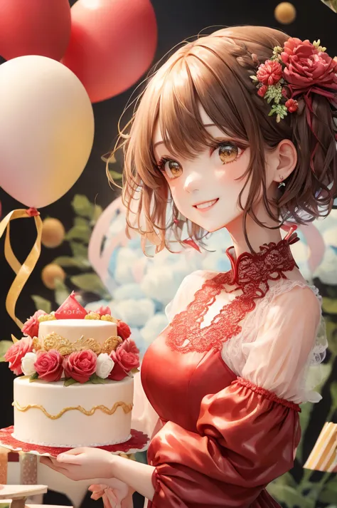 birthday party、colorful、soft color、smiling woman with short hair、 red lace dress 、birthday cake、bouquet of a lot of flowers、ball...