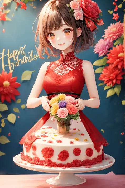 birthday party、colorful、soft color、smiling woman with short hair、 red lace dress 、birthday cake、bouquet of a lot of flowers