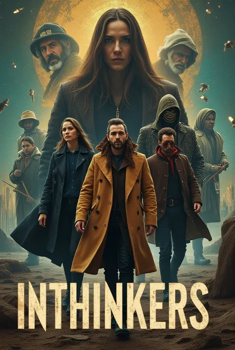 Young man in long brown coat, young woman in blue long coat, spiral masked man in brown long coat, young rogue woman in black coat, guerrilla with red cloak, mysterious old man in golden coat,in Split multiple screens with multiple characters strange scien...