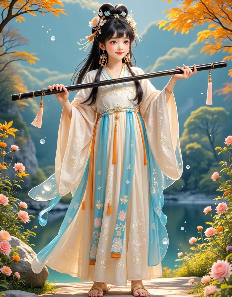 chinese cartoon girl&#39;s detailed painting，lively expression，black hair，ming dynasty style，tangled jewelry， cute faces，cartoon...