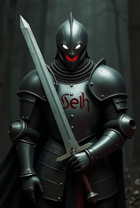 a knight with a sword ,  with a red smile and white eyes,  written Real Seth on his chest 