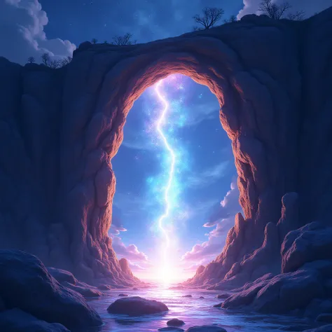  anime style, illustration, a rock arch, portal to other dimension, energy portal, magical aura, perfect illumination,