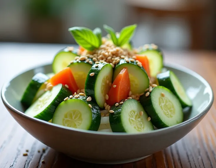 Finished Cucumber Sushi Salad Bowl
Description: A beautifully presented cucumber sushi salad topped with sesame seeds, showcasing a fresh, colorful, and healthy 5-minute lunch option.