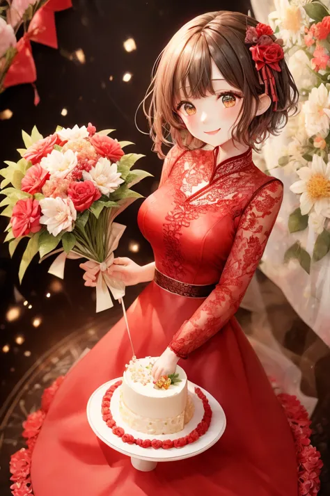 birthday party、smiling woman with short hair、 red lace dress 、birthday cake、bouquet of a lot of flowers