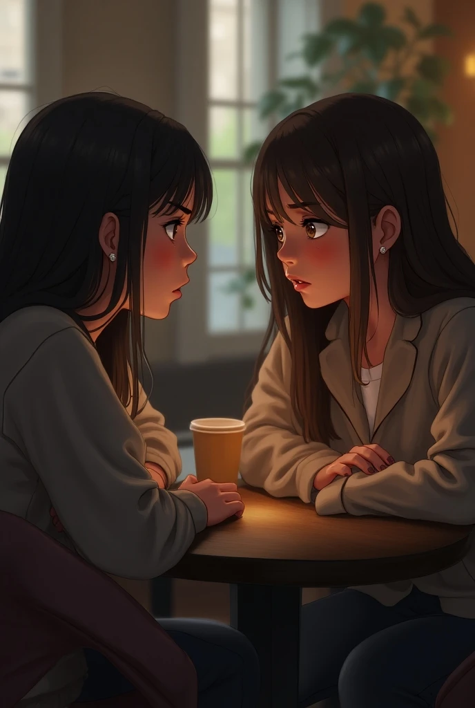 Two teenage girls talking worriedly seated 