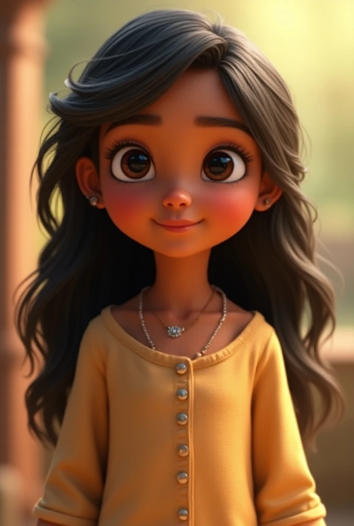 Caring and kind young girl,  brown skin , dark eyes, long wavy hair
Disney Pixar 3d style 