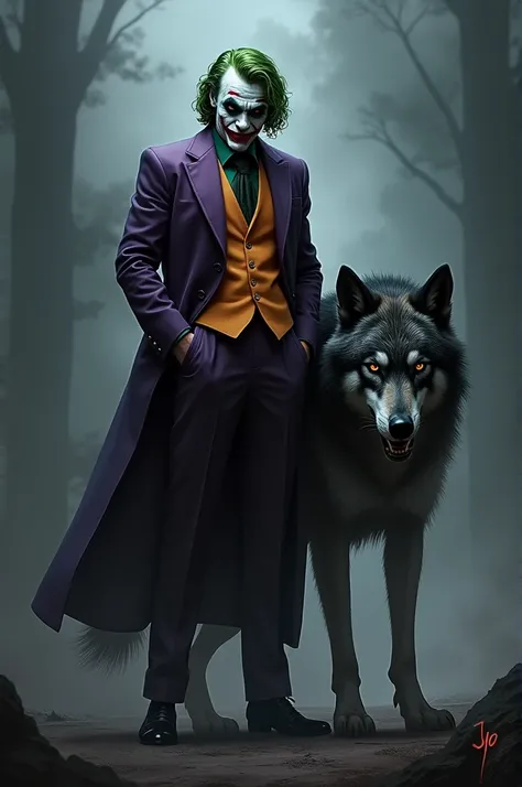 Fammi un immagine di joker con un lupo al fianco