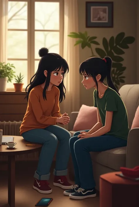 2 worried teenage girls talking sitting inside a house 