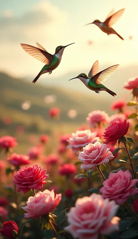 Hummingbirds rose field morning beautiful scene