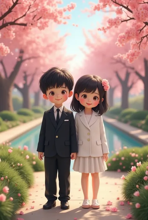 Two cute young Asian twins,  one with a white suit and the other with a black suit,background beautyful garden witj cherry blossom