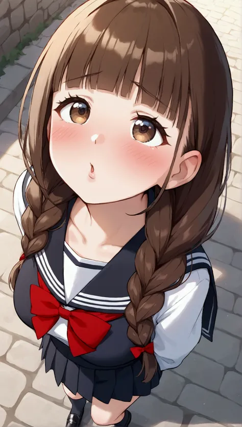 {Best Quality], [Very beautiful], [Ultra fine], [Best illustration],sauce_anime,stand,Brown Hair,hime cut,Long Hair,Braids,Excited face,Cutesy,High school girl,Black Sailor Suit,skirt,Beautiful breasts, black high socks , black loafers, slender, blushes,Wo...