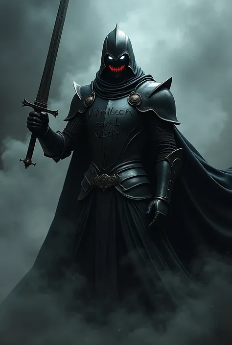 An all-black knight with smoke and with a sword,  with a red smile and white eyes,  written Real Seth on his chest 