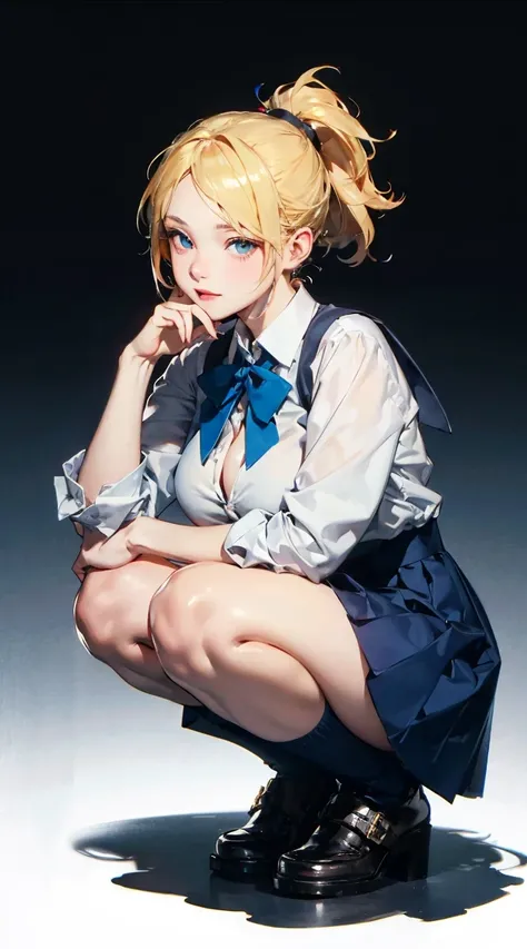 squat,fullbody,school uniform,blonde hair,large breasts,ponytail,shiny skin,Stylish,1 girl,bangs,Flushed cheeks,perfect proportions,preaty face,perfect face,extremely detailed face,sharp focus,beautiful detailed eyes, highres, gradient eyes,hyper quality,b...