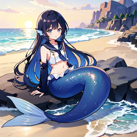 mermaid、flat chest、 sailor suit、sitting on the beach