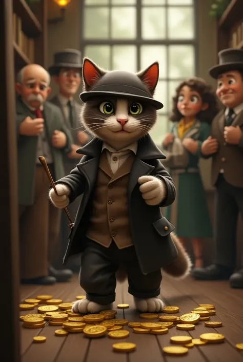 Write a prompt about a cat which is cute  but also hansome and a bit realistic cartonish. The cat is robing a bank . The cat should not be to cute and he is robing a bank in pic and also it is the old time of bank and there is people and staff of bank stan...