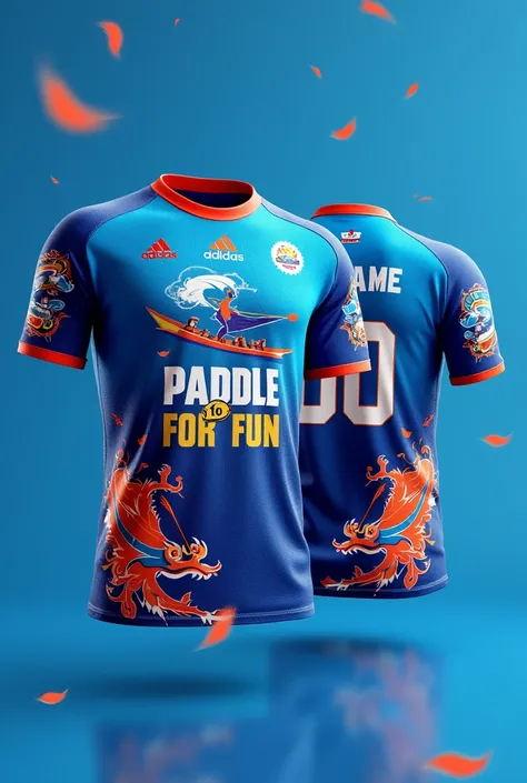 create a dragon boat jersey design with “GAYANG TEAM” infront of it and under the gayang team put a quotes “paddle for fun” and behind put 00 number with “name” top of that number. blue color with dragon and boat with oar with fire. i want it in gen z styl...