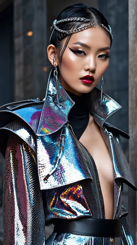 Portrait of an electrifying Asian model - striking feline eyes with graphite-chrome eyeshadow and holographic liner, high sculptured cheekbones casting sharp shadows, metallic burgundy lips with dimensional shimmer. Glass-skin complexion with subtle highli...