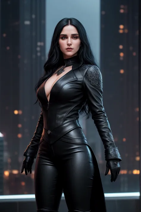 Yennefer, a striking modern sorceress, stands with an air of elegance and power, dressed in contemporary yet sophisticated attire. Her raven-black hair falls in loose waves over her shoulders, framing her intense violet eyes. She wears a fitted, high-neck ...