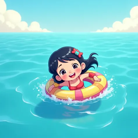  girl at sea , shes wearing a circle ,  swimming armbands,  cartoon style ,  illustration, 8 k