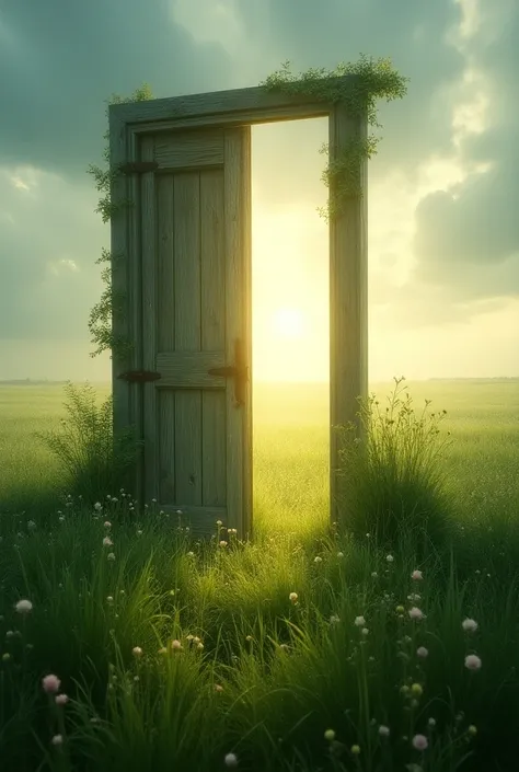 Door in a meadow .  light flows through the door. dreamy