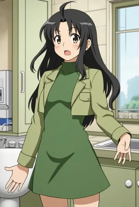 {{{mouri ran}}},{{{Detective Conan}}},{{{long hair}}},{{{official style}}},{{{adult}}},green dress,one-piece dress,turtleneck,green miniskirt, {light green cropped jacket},{light green cropped jacket},green socks,,sink,laundry,kitchen,bringing upper body t...