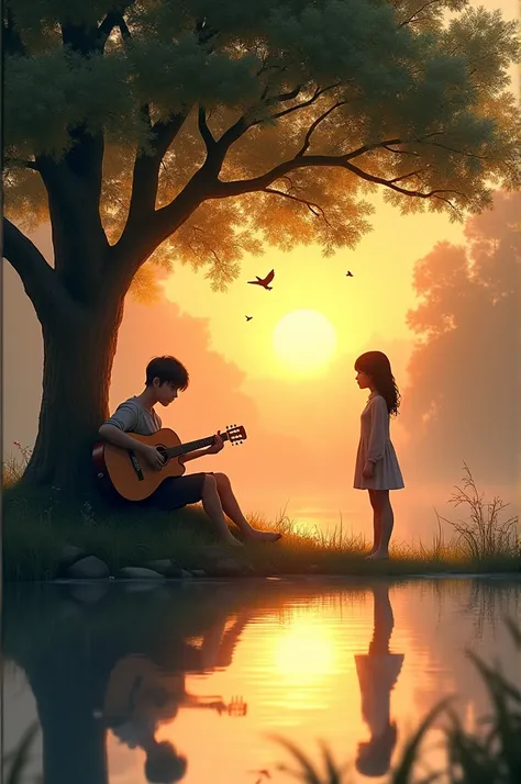 Create an side rwide view of a young man playing guitar near a pond sitting under a tree.having two small  love birds on the tree with sun setting on sky with reflection on lake.Also make the shadow of the boy on ground and also make just the shadow of the...