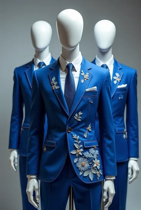 Make a cobalt blue suit on one or more ,  with small and delicate ornaments embroidered with flowers in the color light blue with a long tie, masculine, in mannequin , But lets love