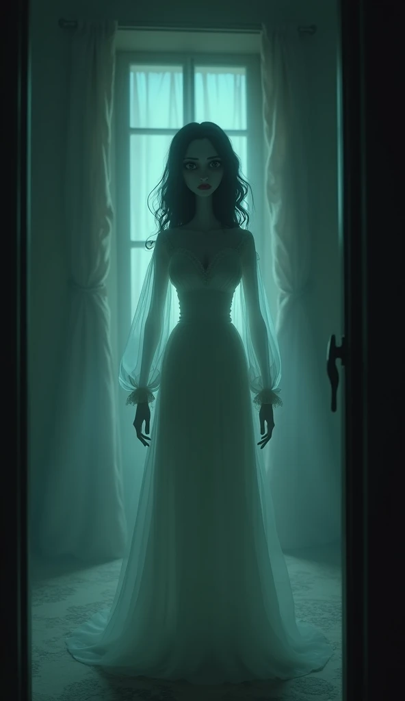  "A ghostly figure of a woman with a sorrowful expression, appearing in the shadows of the mansion. She is semi-transparent, wearing old-fashioned clothing, and her eyes reflect deep sadness. The room is dark with a faint glow around her 3d pixar cartoon
