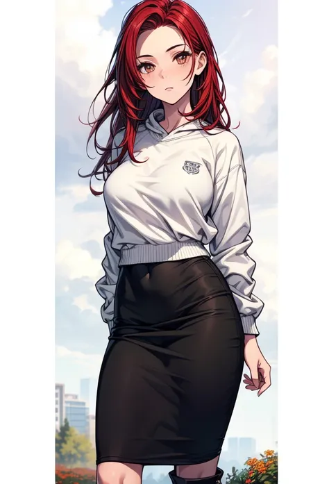 ((masterpiece, best quality:1.8, high detail)), beautiful woman looking at viewer, bright brown eyes, wide-eyed, solo focus, long messy hair, ((dark red hair)), ((white sweatshirt)), (black pencil skirt), boots, slim body, fall, garden, (cloudy sky), ((rea...